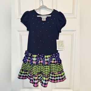 Bonnie Jean Navy Top with Green and Pink Plaid Tiered Skirt and Polka Dot Bows